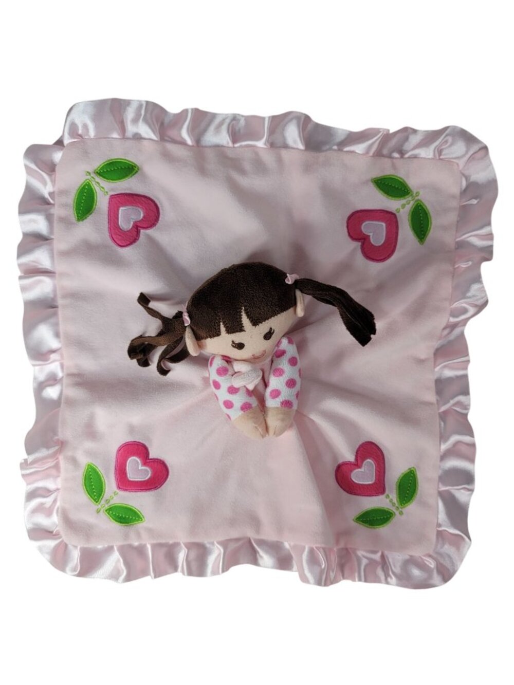 Cracker Barrel Girl Doll Lovey Plush Pink Heart Flower Satin Rattle Brown Hair